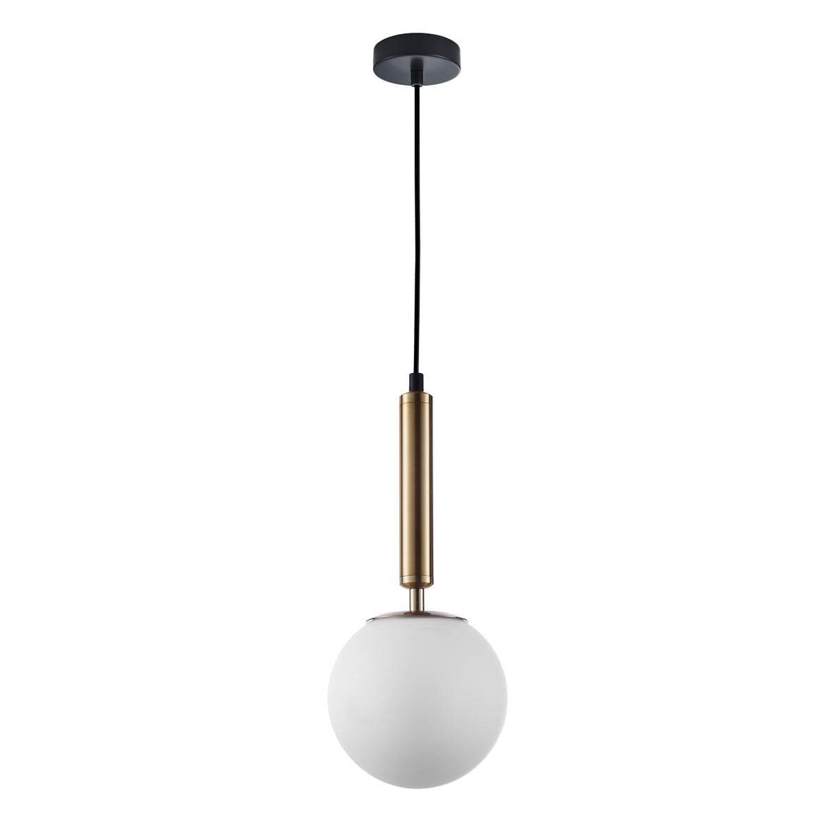Lampa wisząca Ravena 1-punktowa w kolorze mosiądzu i białym. Składa się z metalowego, złotego uchwytu oraz białej, szklanej kuli. Zawieszona na czarnym przewodzie, z okrągłą podstawą sufitową. Prosty, nowoczesny design.