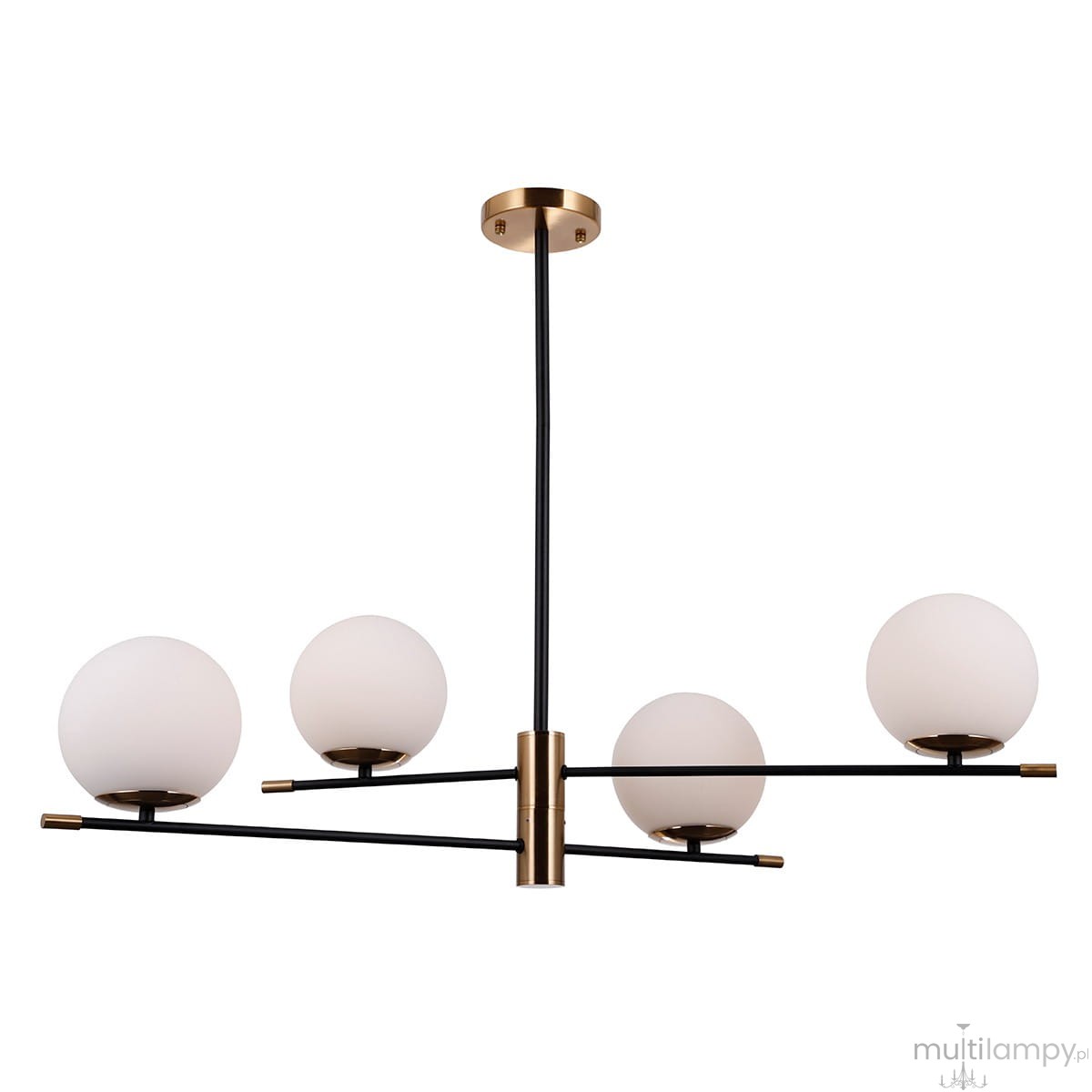 Czarna lampa wisząca Stelia z czterema kulistymi kloszami z białego szkła, umieszczona na metalowej konstrukcji w odcieniu antycznego brązu. Ujęcie frontalne, z zawieszeniem na długim kablu. Idealna do nowoczesnych wnętrz.