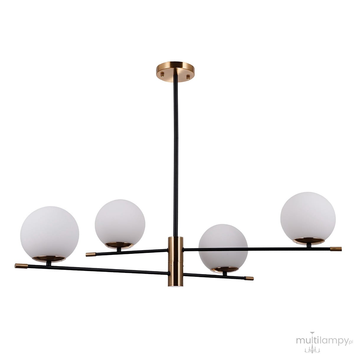 Lampa wisząca Stelia 4-punktowa w kolorze czarnym z detalami w antycznym brązie. Posiada cztery białe, okrągłe klosze zawieszone na cienkich, poziomych rurkach. Montowana sufitowo, z widocznym złotym uchwytem.