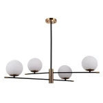 Lampa wisząca Stelia 4-punktowa w kolorze czarnym z detalami w antycznym brązie. Posiada cztery białe, okrągłe klosze zawieszone na cienkich, poziomych rurkach. Montowana sufitowo, z widocznym złotym uchwytem.