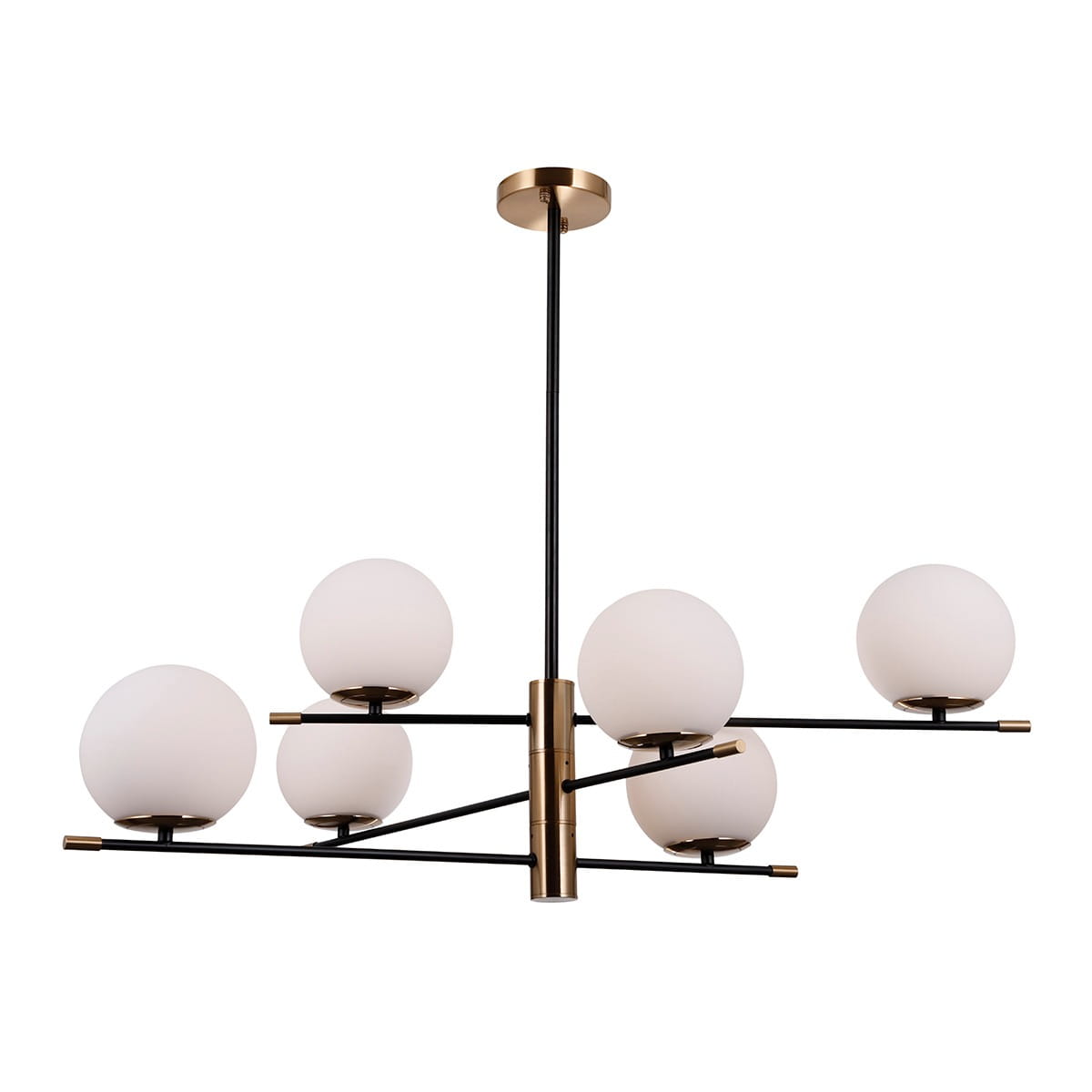 Lampa wisząca Stelia 6-punktowa w kolorze czarnym i antycznym brązie. Posiada sześć białych, okrągłych kloszy umieszczonych na czarnych ramionach, zawieszona na smukłym, metalowym stelażu. Wisi na prostym, okrągłym mocowaniu.