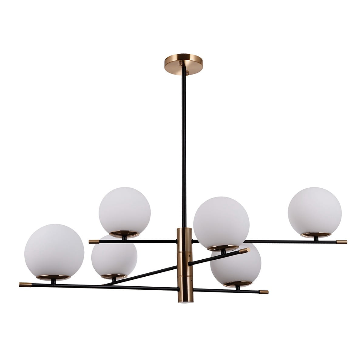 Lampa wisząca Stelia 6-punktowa w kolorze czarnym z antycznym brązem. Posiada sześć białych, okrągłych kloszy umieszczonych na czarnych ramionach, zawieszona na cienkim, złotym przewodzie. Idealna do nowoczesnych wnętrz.