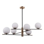 Lampa wisząca Stelia 6-punktowa w kolorze czarnym z antycznym brązem. Posiada sześć białych, okrągłych kloszy umieszczonych na czarnych ramionach, zawieszona na cienkim, złotym przewodzie. Idealna do nowoczesnych wnętrz.