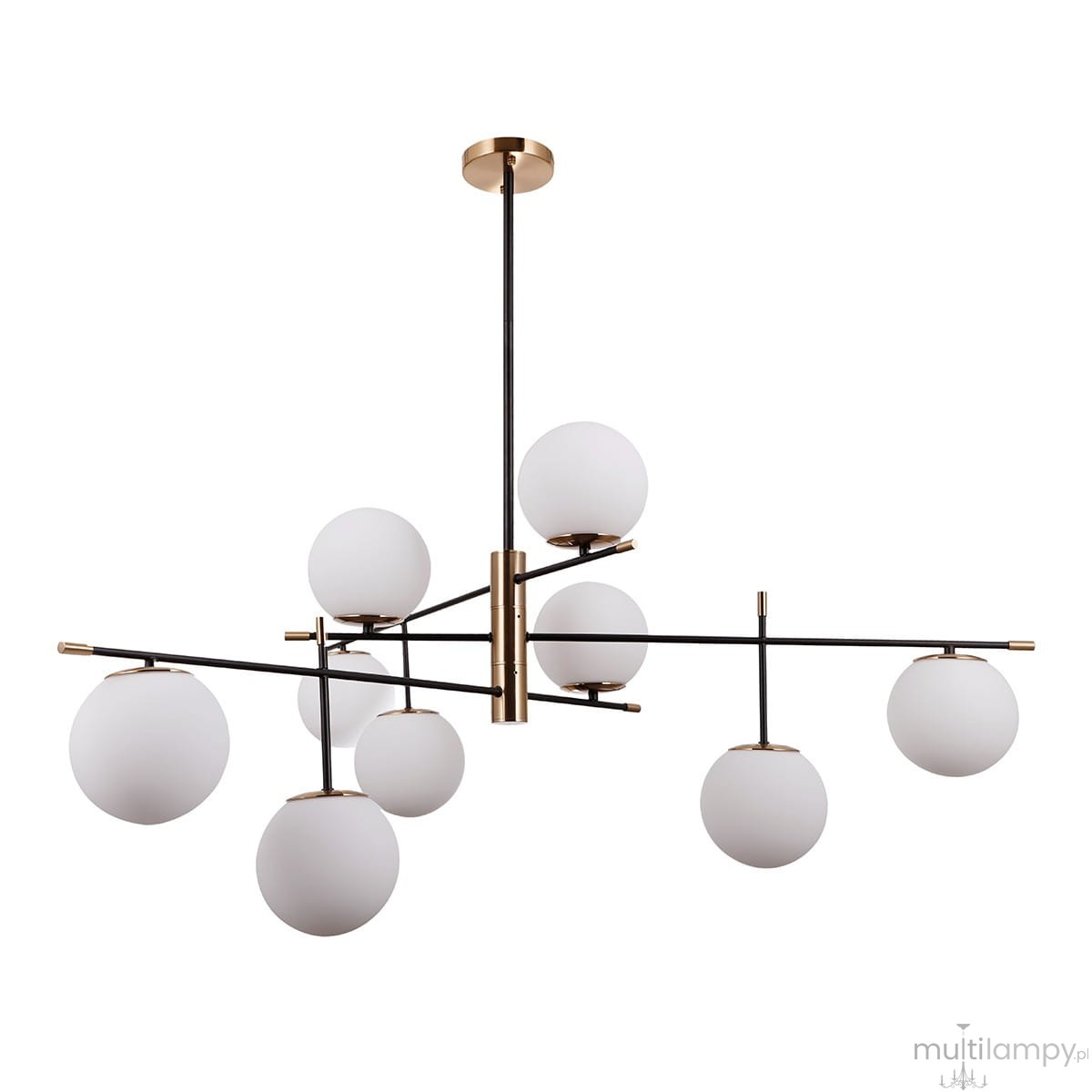 Lampa wisząca Stelia 9-punktowa w kolorze czarnym i antycznego brązu. Posiada dziewięć białych, okrągłych kloszy z mlecznego szkła, umieszczonych na metalowej konstrukcji z cienkimi ramionami. Montaż sufitowy, nowoczesny design.