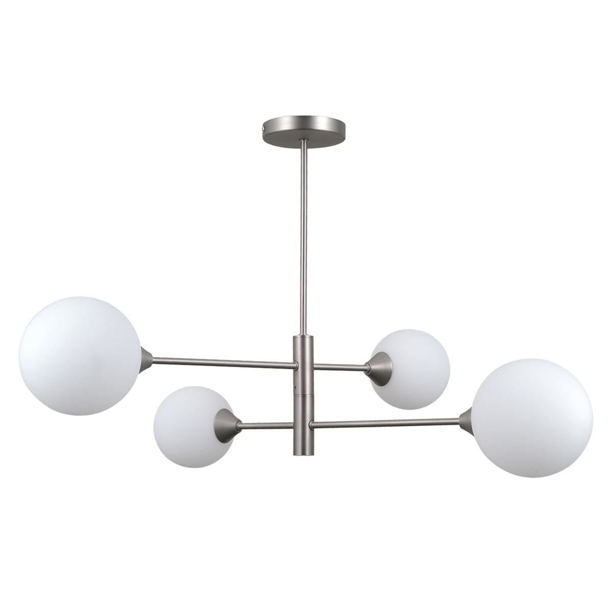 Lampa wisząca Evora 4-punktowa w kolorze niklu satynowego. Cztery kuliste klosze z matowego szkła rozmieszczone na metalowych ramionach. Ujęcie z góry, ukazujące konstrukcję oraz połączenia elementów.