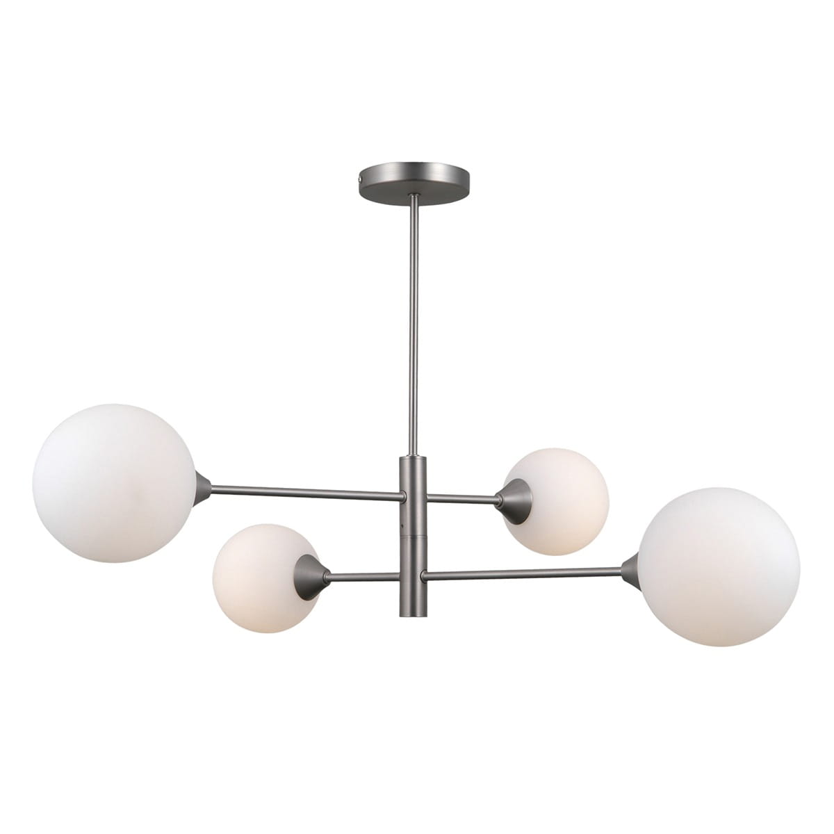 Lampa wisząca Evora 4-punktowa w kolorze niklu satynowego z czterema okrągłymi kloszami z mlecznego szkła. Ułożenie: centralny element z ramionami rozchylającymi się na boki. Całość w nowoczesnym stylu, zawieszona na prostym mocowaniu sufitowym.