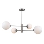 Lampa wisząca Evora 4-punktowa w kolorze niklu satynowego z czterema okrągłymi kloszami z mlecznego szkła. Ułożenie: centralny element z ramionami rozchylającymi się na boki. Całość w nowoczesnym stylu, zawieszona na prostym mocowaniu sufitowym.