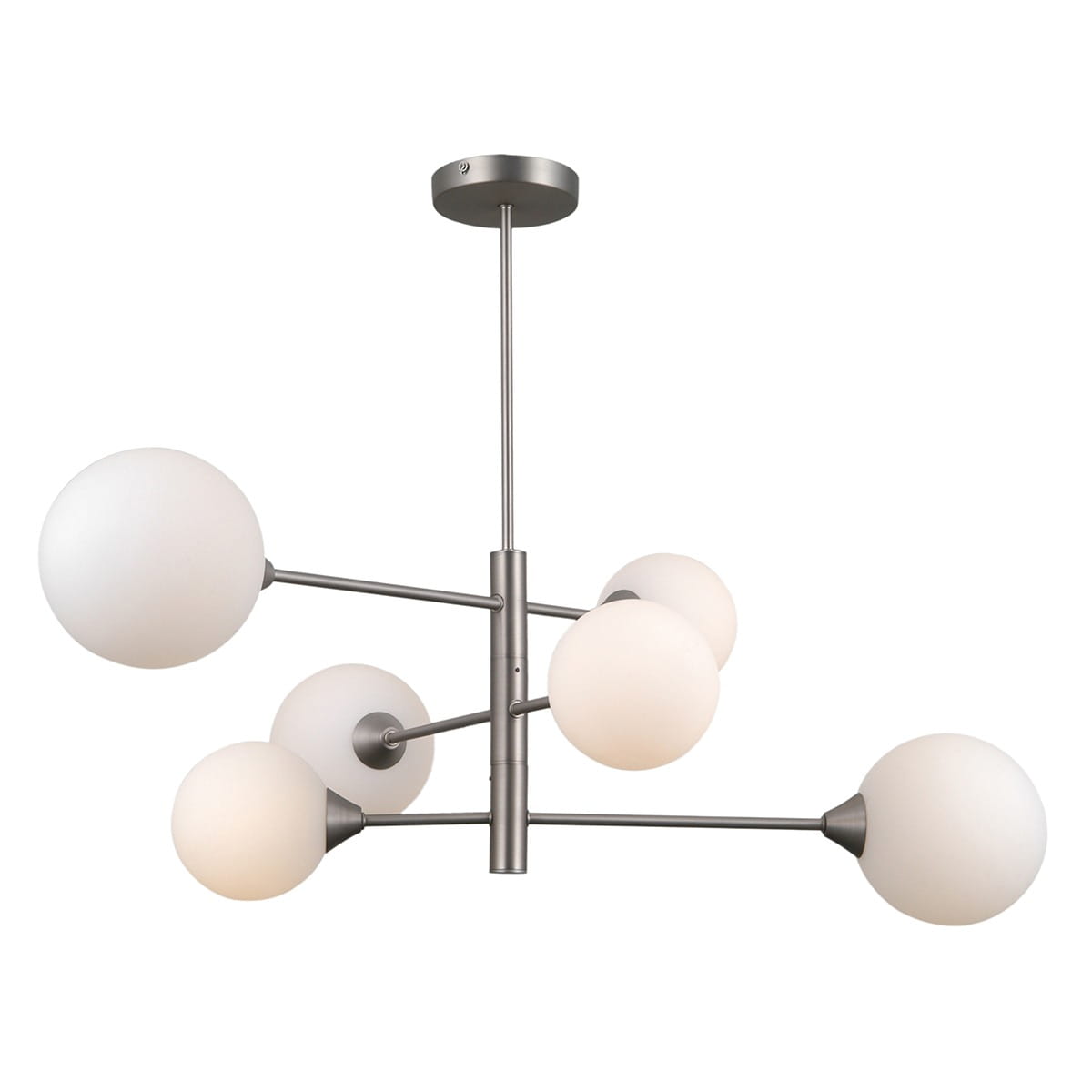 Lampa wisząca Evora 6-punktowa w wykończeniu nikiel satyna, z sześcioma białymi, okrągłymi kloszami. Produkt zawieszony na długim pręcie, z klasycznym, minimalistycznym designem, idealny do nowoczesnych wnętrz.