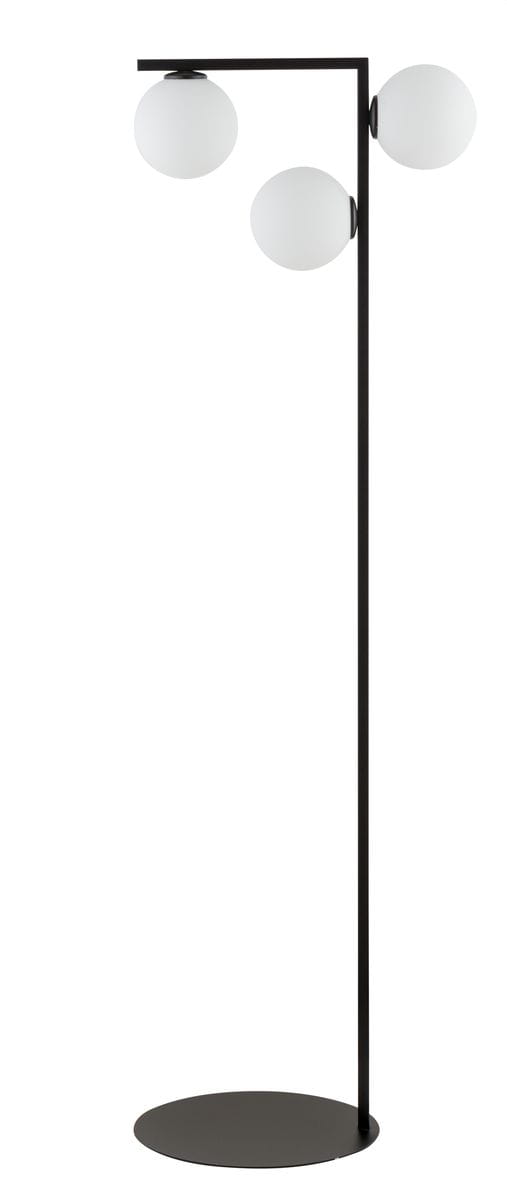 Lampa podłogowa Andy w kolorze czarnym z trzema okrągłymi kloszami w białym kolorze. Stojąca konstrukcja z prostą, metalową podstawą o okrągłym kształcie, umieszczona w frontalnym ujęciu.