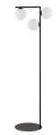 Lampa podłogowa Andy w kolorze czarnym z trzema okrągłymi kloszami w białym kolorze. Stojąca konstrukcja z prostą, metalową podstawą o okrągłym kształcie, umieszczona w frontalnym ujęciu.