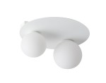 Lampa sufitowa Argon 2-punktowa, okrągła, w kolorze białym. Posiada dwa matowe, okrągłe klosze i prostą, płaską podstawę. Ujęcie z dołu, pokazujące lampę zamontowaną na suficie. Idealna do nowoczesnych wnętrz.