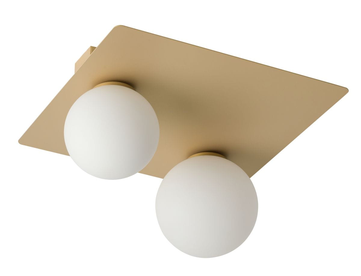 Lampa sufitowa Argon 2-punktowa w złotym kolorze z kwadratowym metalowym stelażem. Dwie okrągłe, matowe białe klosze umieszczone na stelażu, zamontowane na suficie. Prosty design, idealna do nowoczesnych wnętrz.