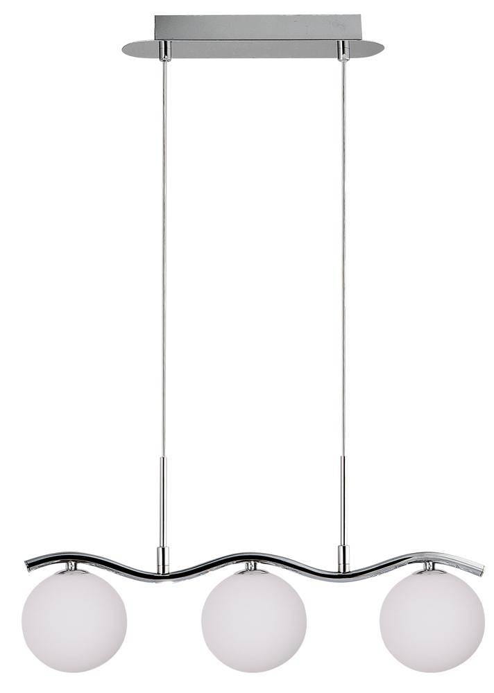 Lampa wisząca Ramon 3-punktowa w chromowanej oprawie. Posiada trzy okrągłe klosze z białego szkła, zawieszone na falistej metalowej rurce. Ujęcie frontalne, produkt w pozycji wiszącej, montowany do sufitu.