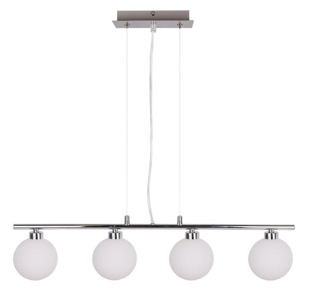 Lampa wisząca Raisa 4-punktowa z chromowanym stelażem i czterema okrągłymi kloszami z matowego szkła. Produkt zawieszony na cienkich linkach, z prostokątną podstawą montażową w kolorze chromu.