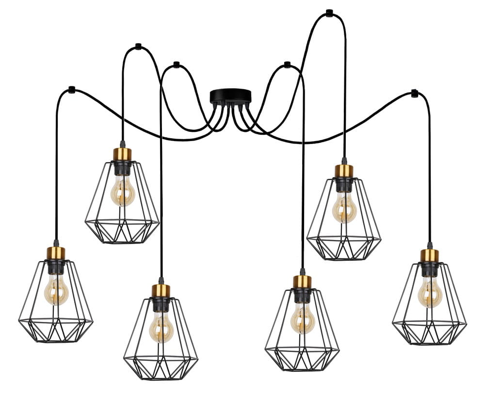 Lampa wisząca Primo P w kolorze czarnym i złotym z sześcioma punktami świetlnymi. Metalowe klosze w geometrycznym kształcie, zawieszone na długich kablach. Montaż sufitowy, z widocznymi żarówkami. Idealna do nowoczesnych wnętrz.