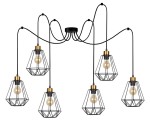Lampa wisząca Primo P w kolorze czarnym i złotym z sześcioma punktami świetlnymi. Metalowe klosze w geometrycznym kształcie, zawieszone na długich kablach. Montaż sufitowy, z widocznymi żarówkami. Idealna do nowoczesnych wnętrz.