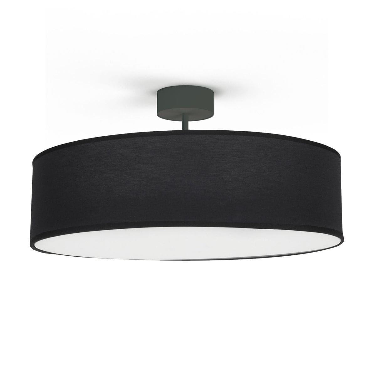 Czarna lampa sufitowa 3-punktowa Violet, okrągła, z tekstylnym kloszem i białym wnętrzem. Zamontowana na stalowym uchwycie, wisi w dół, idealna do nowoczesnych wnętrz.