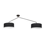 Falcon lampa sufitowa 6-punktowa w kolorze czarnym, z okrągłymi kloszami z tkaniny, zawieszona na cienkim metalowym stelażu w kolorze brązowym. Lampa ma dwa klosze umieszczone na przekątnej, co podkreśla jej nowoczesny design.
