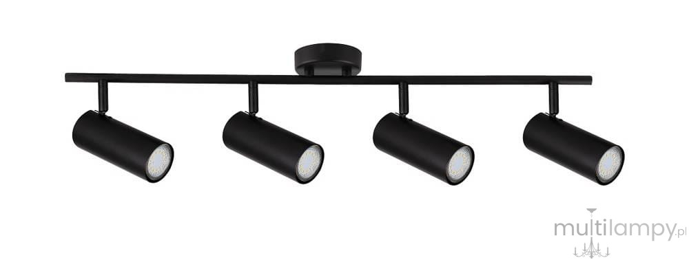 Czarna lampa sufitowa (spot) 4-punktowa Colly z metalowym stelażem. Cztery cylindryczne reflektory zamocowane na poziomej belce, skierowane w różnych kierunkach. Prosta, nowoczesna konstrukcja, idealna do oświetlenia wnętrz.