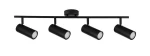 Czarna lampa sufitowa (spot) 4-punktowa Colly z metalowym stelażem. Cztery cylindryczne reflektory zamocowane na poziomej belce, skierowane w różnych kierunkach. Prosta, nowoczesna konstrukcja, idealna do oświetlenia wnętrz.