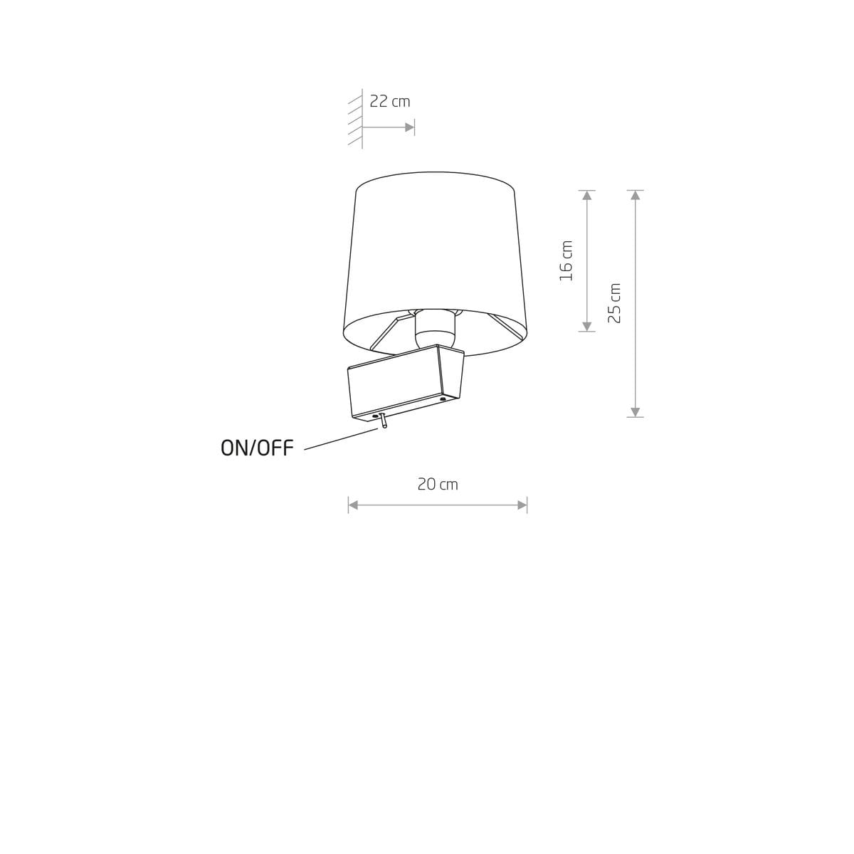 Kinkiet Chillin 2-punktowy w kolorze białym, z okrągłym abażurem o średnicy 22 cm. Wymiary: wysokość 25 cm, głębokość 20 cm, z przyciskiem ON/OFF. Układ frontalny, z widocznymi detalami konstrukcji.