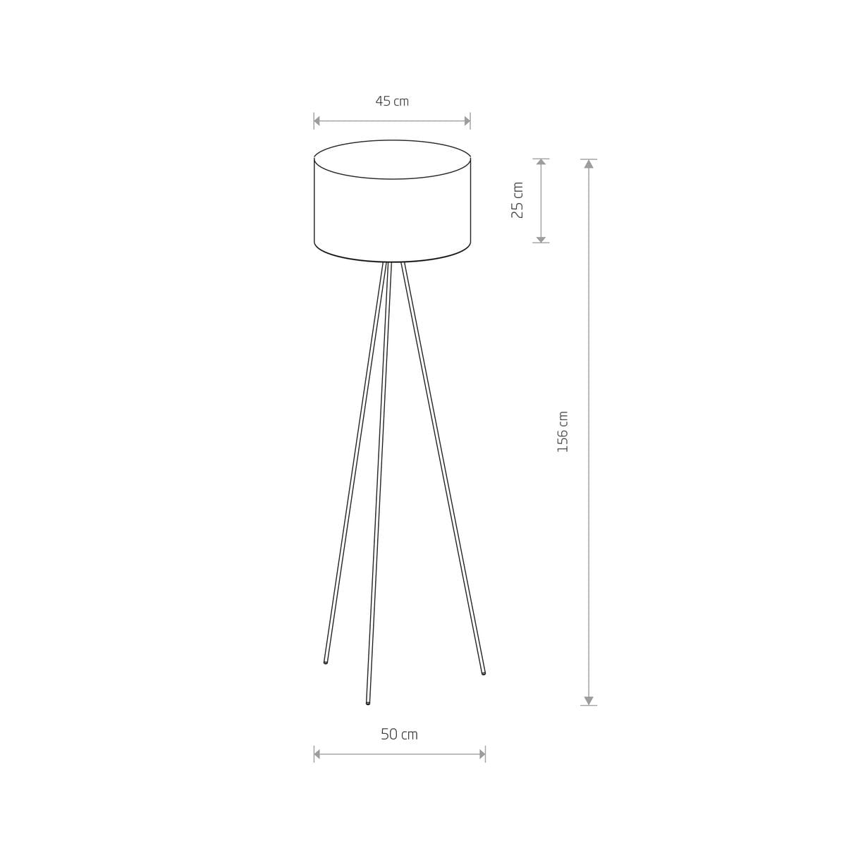 Lampa podłogowa Cadilac D45 w kolorze czarnym i złotym, o cylindrycznym kloszu o średnicy 45 cm i wysokości 25 cm, na trzech nogach w kształcie stojaka, z wysokością całkowitą 156 cm. Idealna do nowoczesnych wnętrz.