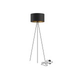 Lampa podłogowa Cadilac D45 w kolorze czarnym z złotym wnętrzem, z okrągłym kloszem i trzema cienkimi nogami. Widoczny kabel z włącznikiem, ustawiona w pozycji stojącej na białym tle.