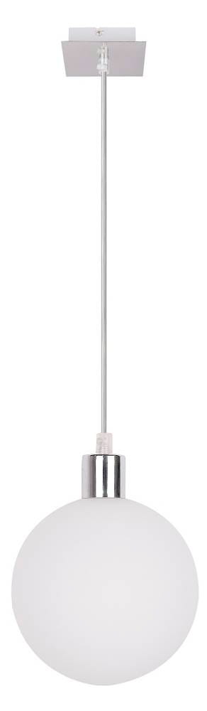 Lampa wisząca Oden D15 w kolorze chromu z białym, matowym kloszem w kształcie kuli. Zawieszona na cienkim metalowym przewodzie, montowana na płaskiej podstawie sufitowej. Prosty, nowoczesny design idealny do różnych aranżacji wnętrz.