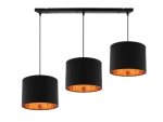 Lampa wisząca Candida w czarnej kolorystyce, składająca się z trzech cylindrycznych kloszy z miedzianym wnętrzem, zawieszona na prostokątnej podstawie. Klosze wiszą na cienkich linkach, tworząc nowoczesną aranżację oświetlenia.
