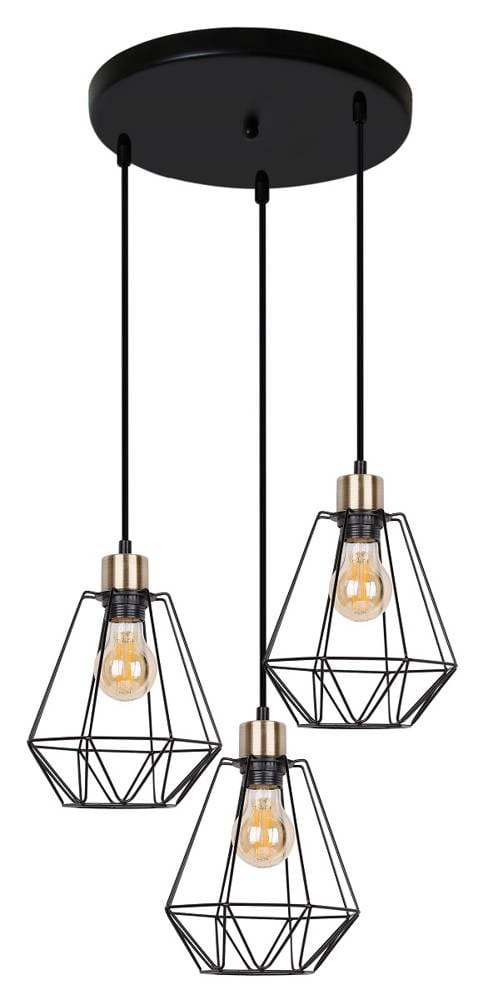 Lampa wisząca Primo 3-punktowa, czarna z elementami patyny. Posiada trzy klosze w kształcie diamentów z metalowej siatki, zawieszone na czarnych przewodach. Stropowy uchwyt w kolorze czarnym. Idealna do nowoczesnych wnętrz.