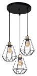 Lampa wisząca Primo 3-punktowa, czarna z elementami patyny. Posiada trzy klosze w kształcie diamentów z metalowej siatki, zawieszone na czarnych przewodach. Stropowy uchwyt w kolorze czarnym. Idealna do nowoczesnych wnętrz.