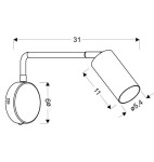 Kinkiet Tina 1-punktowy w kolorze czarnym i złotym, z okrągłą podstawą o średnicy 6 cm. Ramię lampy o długości 31 cm, z cylindrycznym kloszem o średnicy 5,4 cm i wysokości 11 cm, montowany do ściany.