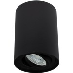 Czarna lampa sufitowa w kształcie tuby, zamontowana na suficie, z kierunkowym źródłem światła wewnątrz. Gładka, matowa powierzchnia. Lampa skierowana w dół, z widocznym szklanym kloszem oraz reflektorem. Idealna do nowoczesnych wnętrz.
