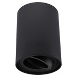 Lampa sufitowa Deba w formie czarnej tuby, wykonana z matowego materiału. Ujęcie frontalne, ukazujące cylindryczny kształt oraz otwór w górnej części, zapewniający kierunkowe oświetlenie. Idealna do nowoczesnych wnętrz.