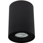 Czarna lampa sufitowa w kształcie tuby, z widocznym źródłem światła w dolnej części. Ujęcie frontalne, pokazujące matową powierzchnię oraz okrągłą podstawę. Idealna do kierunkowego oświetlenia wnętrz.