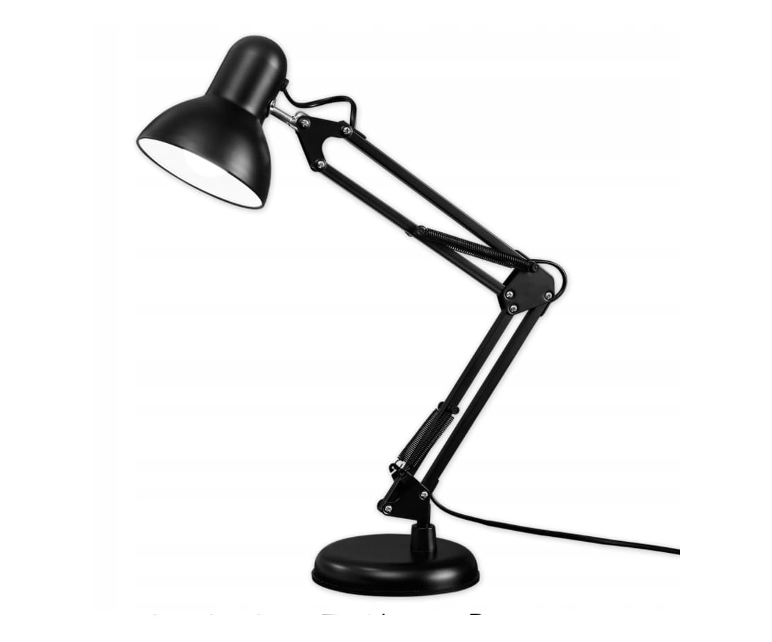 Czarna lampka biurkowa Lena z uchwytem do stołu, wyposażona w żarówkę E27. Posiada regulowane ramiona oraz okrągłą podstawę, co umożliwia łatwe dostosowanie kąta oświetlenia. Ujęcie z boku, prezentujące jej funkcjonalny design.
