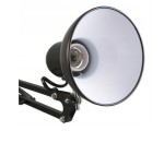 Czarna lampka biurkowa Lena z uchwytem do stołu i podstawą, z metalowym kloszem w białym wnętrzu. Ujęcie z boku, ukazujące gniazdo na żarówkę E27 oraz ruchome ramię. Idealna do biura lub przestrzeni roboczej.