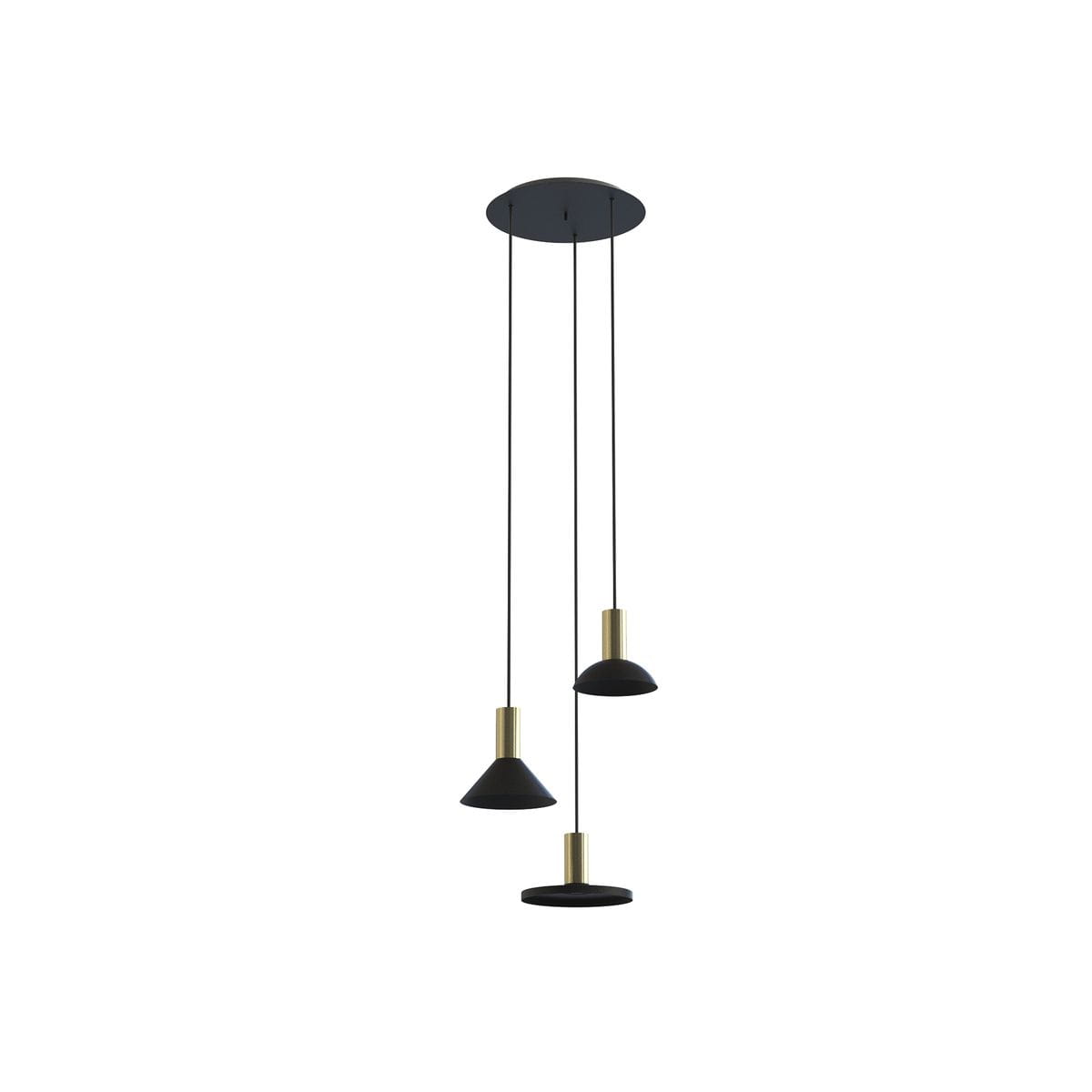 Lampa wisząca Hermanos 3-punktowa w kolorze czarnym i złotym, z trzema kloszami w kształcie stożków oraz okrągłym, zawieszona na długich, czarnych przewodach. Elementy metalowe w złotym kolorze, sufitowy uchwyt w kształcie owalnym.