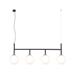 Lampa wisząca 4-punktowa Faro w kolorze czarnym z czterema białymi, okrągłymi kloszami. Ujęcie frontalne, zawieszona na cienkim przewodzie z czarnym mocowaniem sufitowym. Klasyczny design, idealna do nowoczesnych wnętrz.