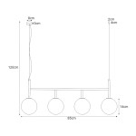 Czarna lampa wisząca 4-punktowa Faro K-4883 z czterema okrągłymi kloszami. Wymiary: długość 85 cm, wysokość 120 cm, średnica kloszy 14 cm. Ujęcie z boku, ukazujące szczegóły konstrukcji i wymiary.