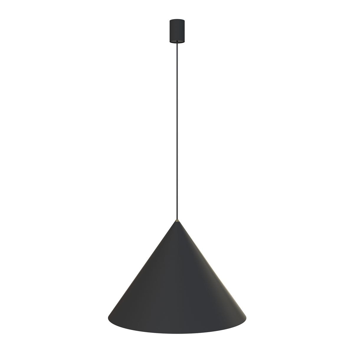 Czarna lampa wisząca Zenith D50 o kształcie stożka, zawieszona na cienkim przewodzie. U góry widoczny okrągły element mocujący. Prosta, minimalistyczna forma, idealna do nowoczesnych wnętrz. Tło jasne, podkreślające produkt.