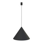 Czarna lampa wisząca Zenith D50 o kształcie stożka, zawieszona na cienkim przewodzie. U góry widoczny okrągły element mocujący. Prosta, minimalistyczna forma, idealna do nowoczesnych wnętrz. Tło jasne, podkreślające produkt.