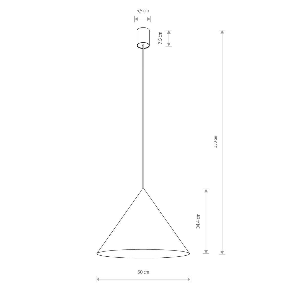 Lampa wisząca Zenith D50 w kolorze białym, o kształcie stożka. Wymiary: średnica 50 cm, wysokość 130 cm, klosz o wysokości 34,4 cm i szerokości 5,5 cm. Zawieszona na cienkim przewodzie, mocowana do sufitu. Prosta, nowoczesna forma.