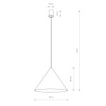 Lampa wisząca Zenith D50 w kolorze białym, o kształcie stożka. Wymiary: średnica 50 cm, wysokość 130 cm, klosz o wysokości 34,4 cm i szerokości 5,5 cm. Zawieszona na cienkim przewodzie, mocowana do sufitu. Prosta, nowoczesna forma.