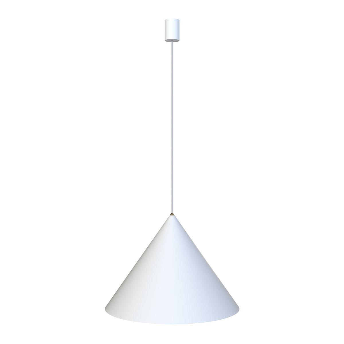 Lampa wisząca Zenith D50 w kształcie stożka, w kolorze białym. Utrzymana w minimalistycznym stylu, zawieszona na cienkim przewodzie. Górna część z metalowego elementu mocującego, idealna do nowoczesnych wnętrz.