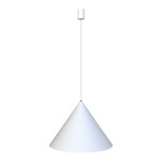 Lampa wisząca Zenith D50 w kształcie stożka, w kolorze białym. Utrzymana w minimalistycznym stylu, zawieszona na cienkim przewodzie. Górna część z metalowego elementu mocującego, idealna do nowoczesnych wnętrz.