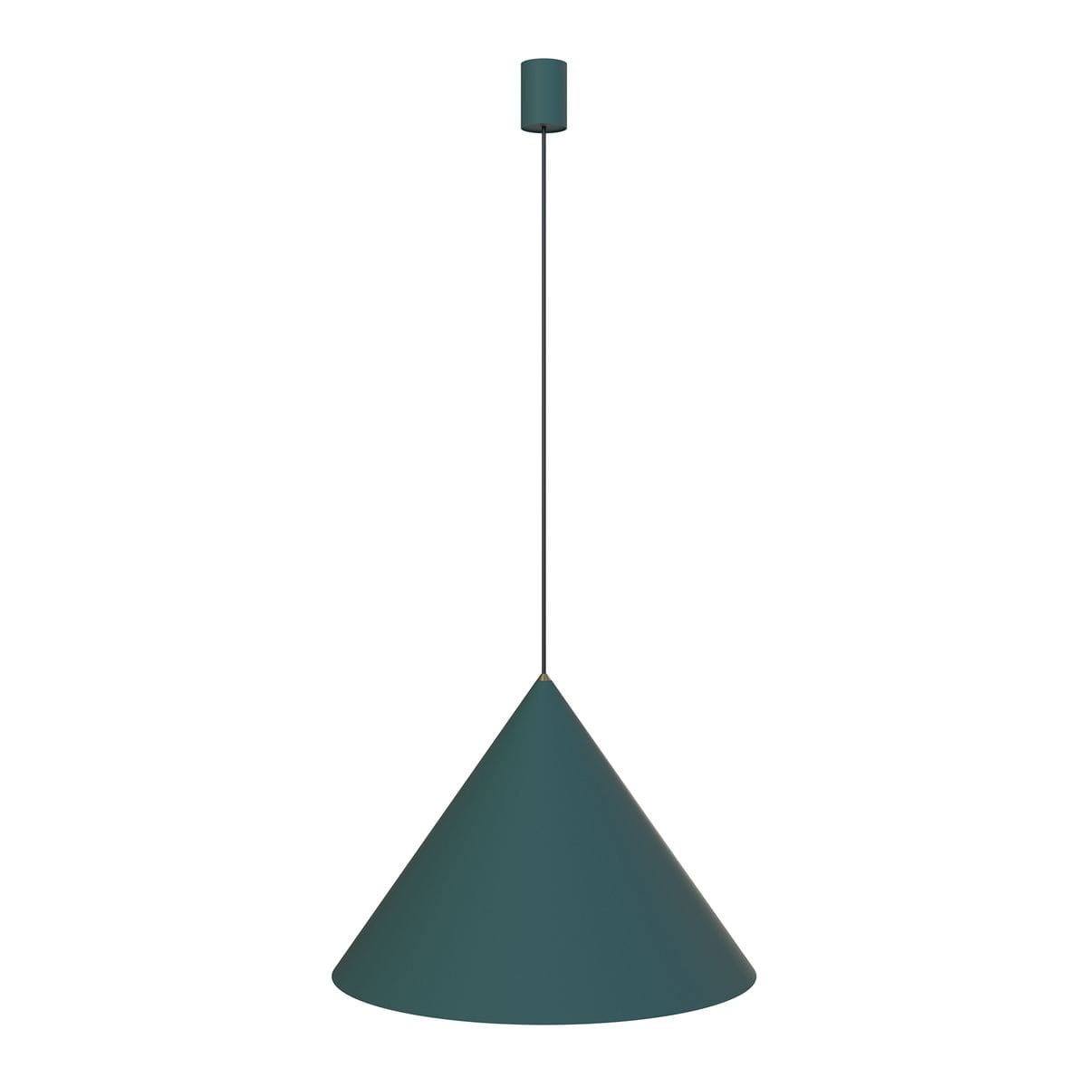 Lampa wisząca Zenith D50 w kształcie stożka, w kolorze zielonym. Zawieszona na cienkim przewodzie, z okrągłym mocowaniem sufitowym. Minimalistyczny design, idealna do nowoczesnych wnętrz. Tło białe, podkreślające formę lampy.