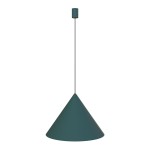 Lampa wisząca Zenith D50 w kształcie stożka, w kolorze zielonym. Zawieszona na cienkim przewodzie, z okrągłym mocowaniem sufitowym. Minimalistyczny design, idealna do nowoczesnych wnętrz. Tło białe, podkreślające formę lampy.