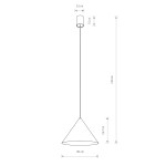 Lampa wisząca Zenith D35 w kolorze białym, z cylindrycznym mocowaniem o średnicy 5,5 cm i wysokości 7,5 cm, zawieszona na przewodzie długości 130 cm. Abażur w kształcie stożka o średnicy 35 cm, widoczny z przodu.