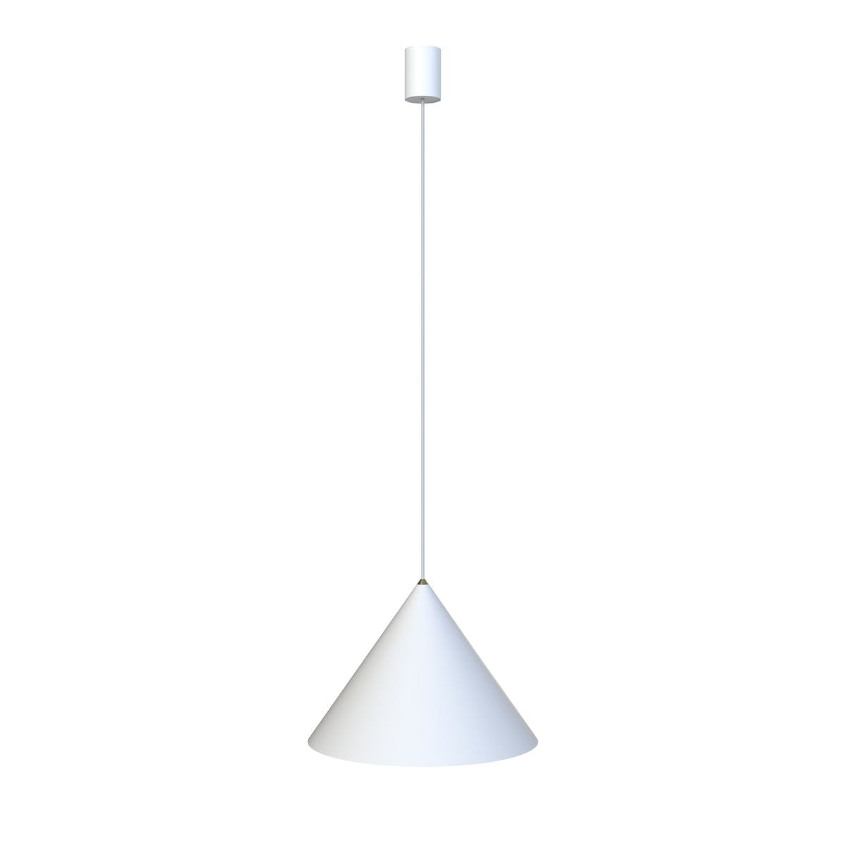Lampa wisząca Zenith D35 w kształcie stożka, w kolorze białym. Zawieszona na cienkim, białym przewodzie, z metalowym elementem mocującym u góry. Prosty, minimalistyczny design, idealna do nowoczesnych wnętrz.